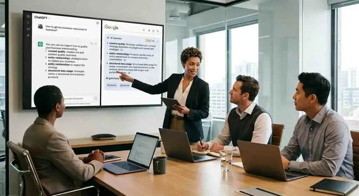 SEO expert presenting AI search engine optimization tactics to colleagues.