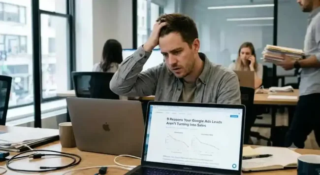 Professional frustrated by low Google Ads conversion rates on laptop screen.