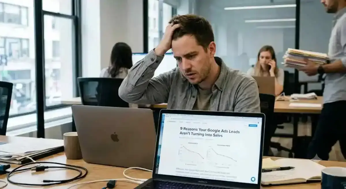 Professional frustrated by low Google Ads conversion rates on laptop screen.